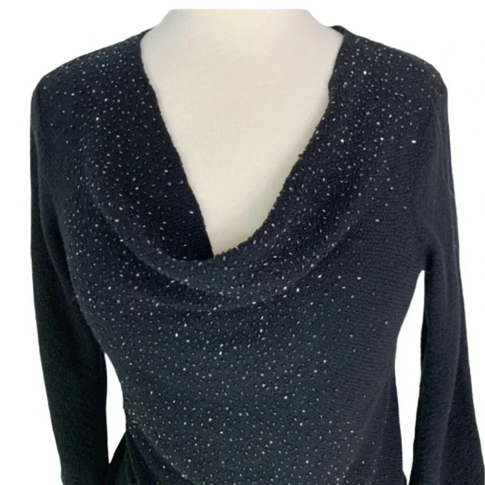 Eileen Fisher Wool Beaded Drape Cowl Neck Sweater Top Black Size XS